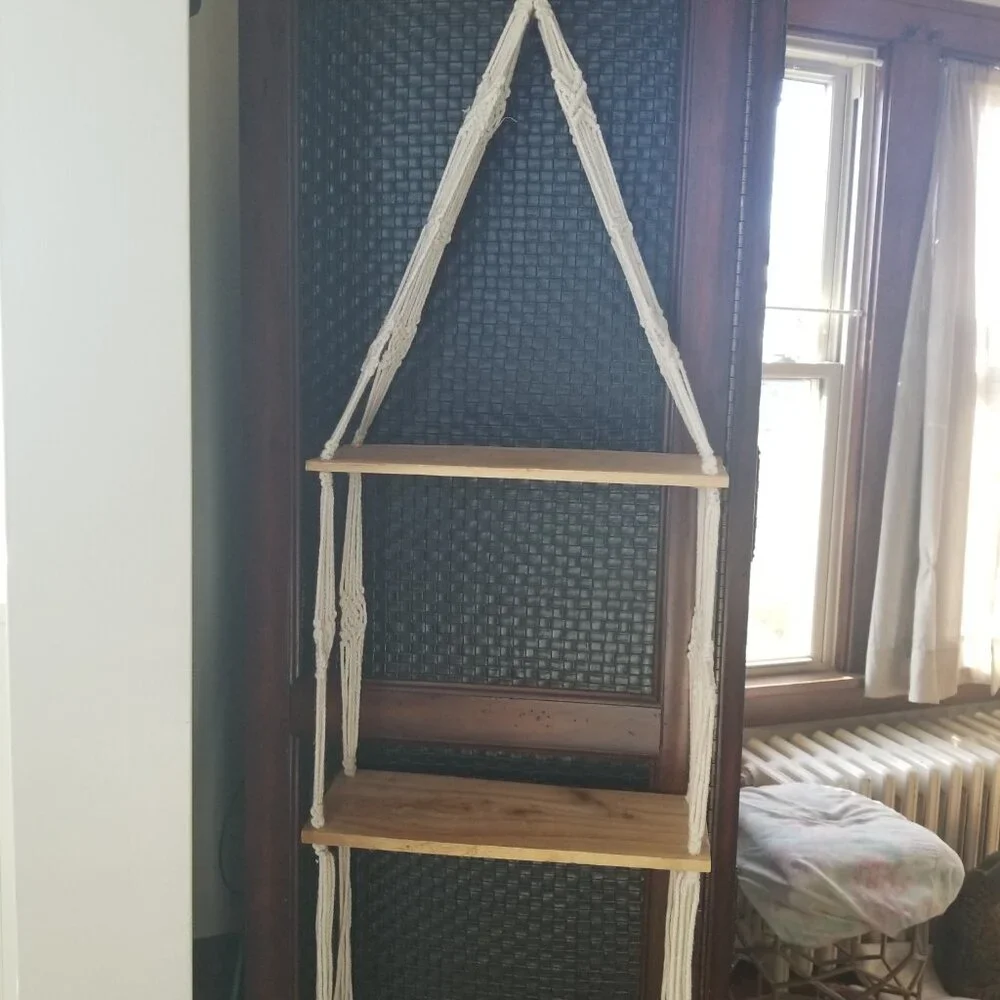 Macramé Two Shelf Wood Plant Hanger Boho Decor - Picture 6 of 8